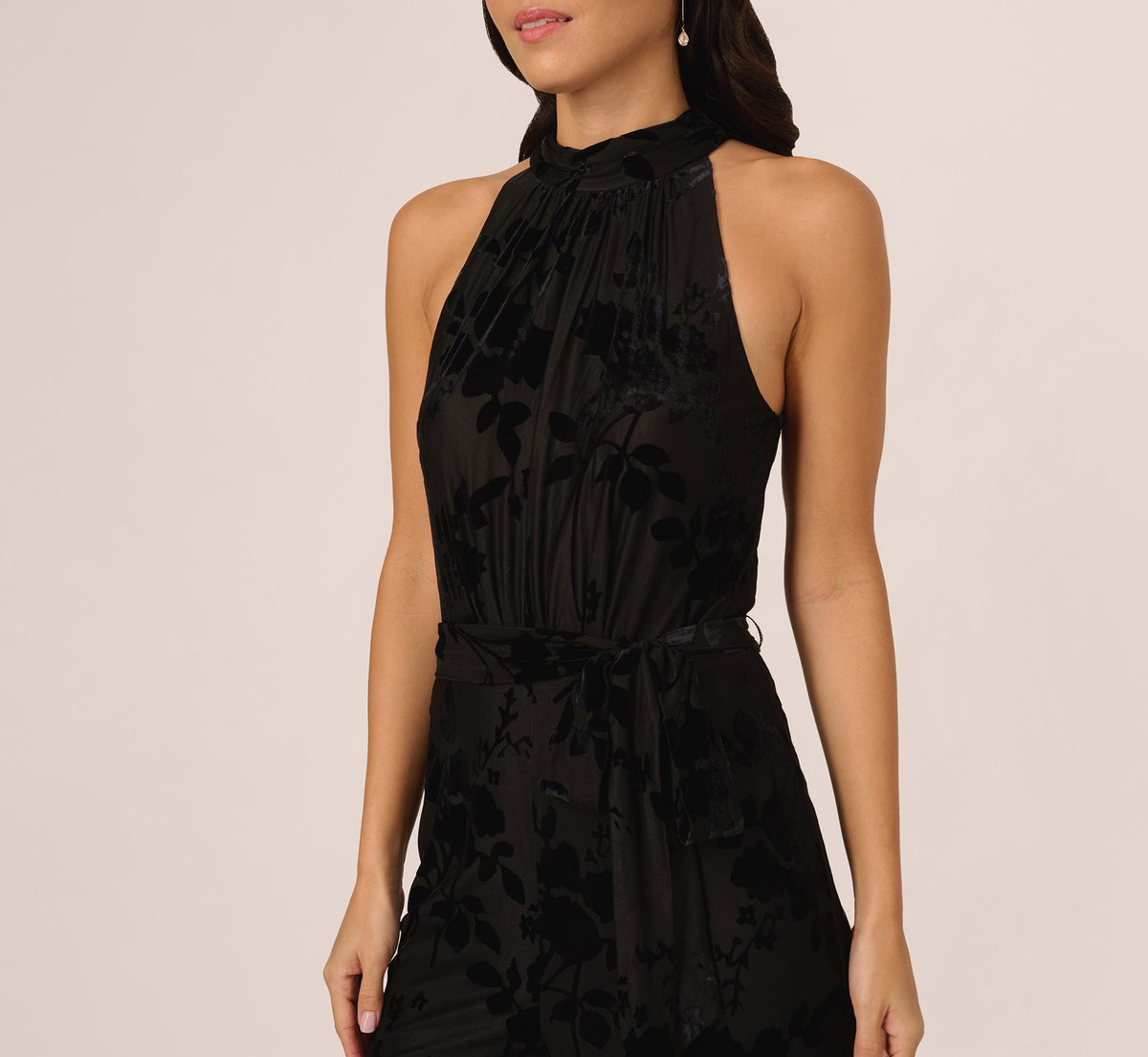 Sleeveless Floral Burnout Velvet Jumpsuit - Black | Adrianna Papell