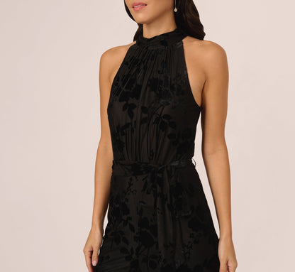 Sleeveless Floral Burnout Velvet Jumpsuit - Black | Adrianna Papell