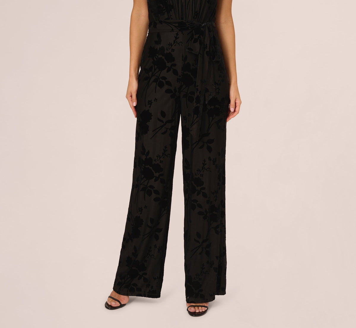 Sleeveless Floral Burnout Velvet Jumpsuit - Black | Adrianna Papell
