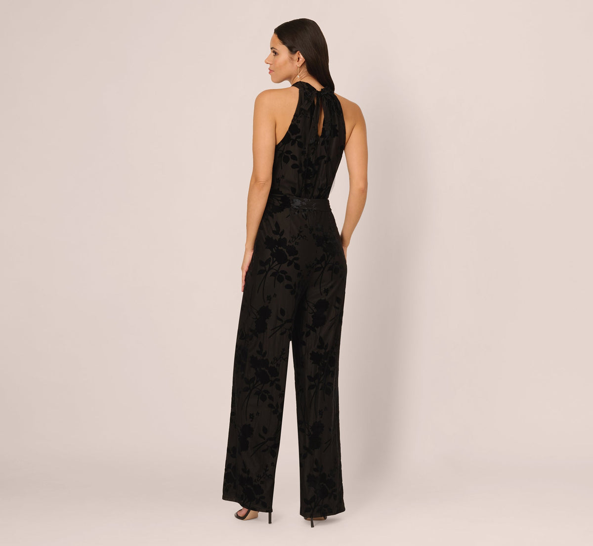 Sleeveless Floral Burnout Velvet Jumpsuit - Black | Adrianna Papell