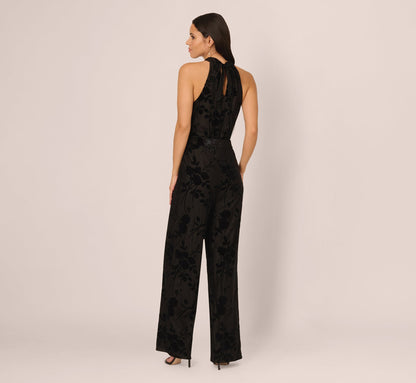 Sleeveless Floral Burnout Velvet Jumpsuit - Black | Adrianna Papell