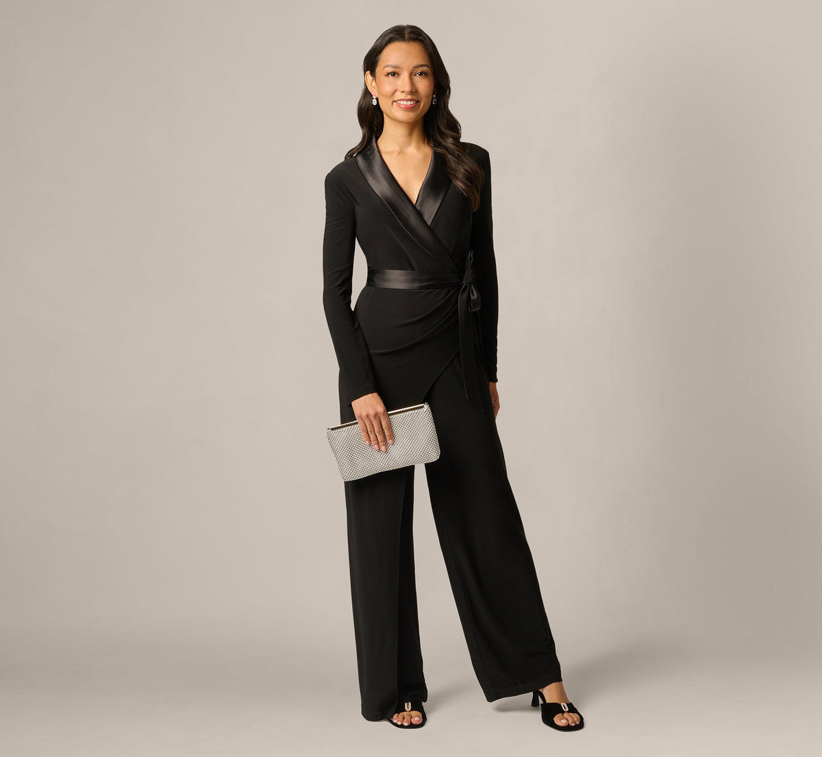 Petite Jersey Wide Leg Tuxedo Jumpsuit With Charmeuse Details - Black | Adrianna Papell