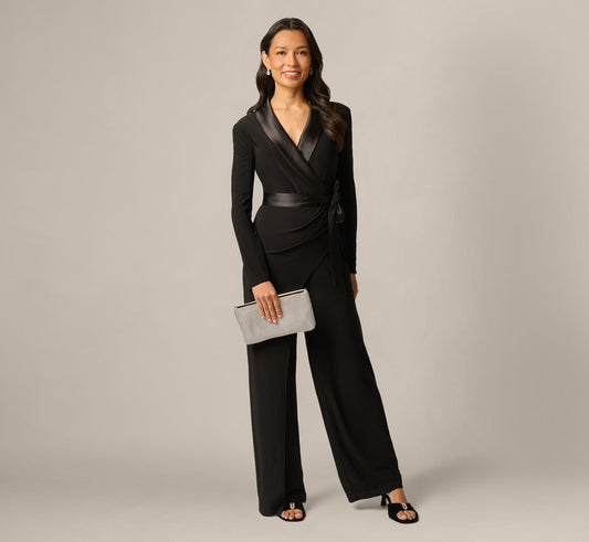 Petite Jersey Wide Leg Tuxedo Jumpsuit With Charmeuse Details - Black | Adrianna Papell