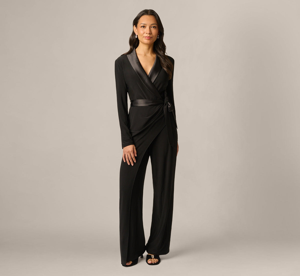 Petite Jersey Wide Leg Tuxedo Jumpsuit With Charmeuse Details - Black | Adrianna Papell