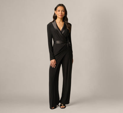 Petite Jersey Wide Leg Tuxedo Jumpsuit With Charmeuse Details - Black | Adrianna Papell
