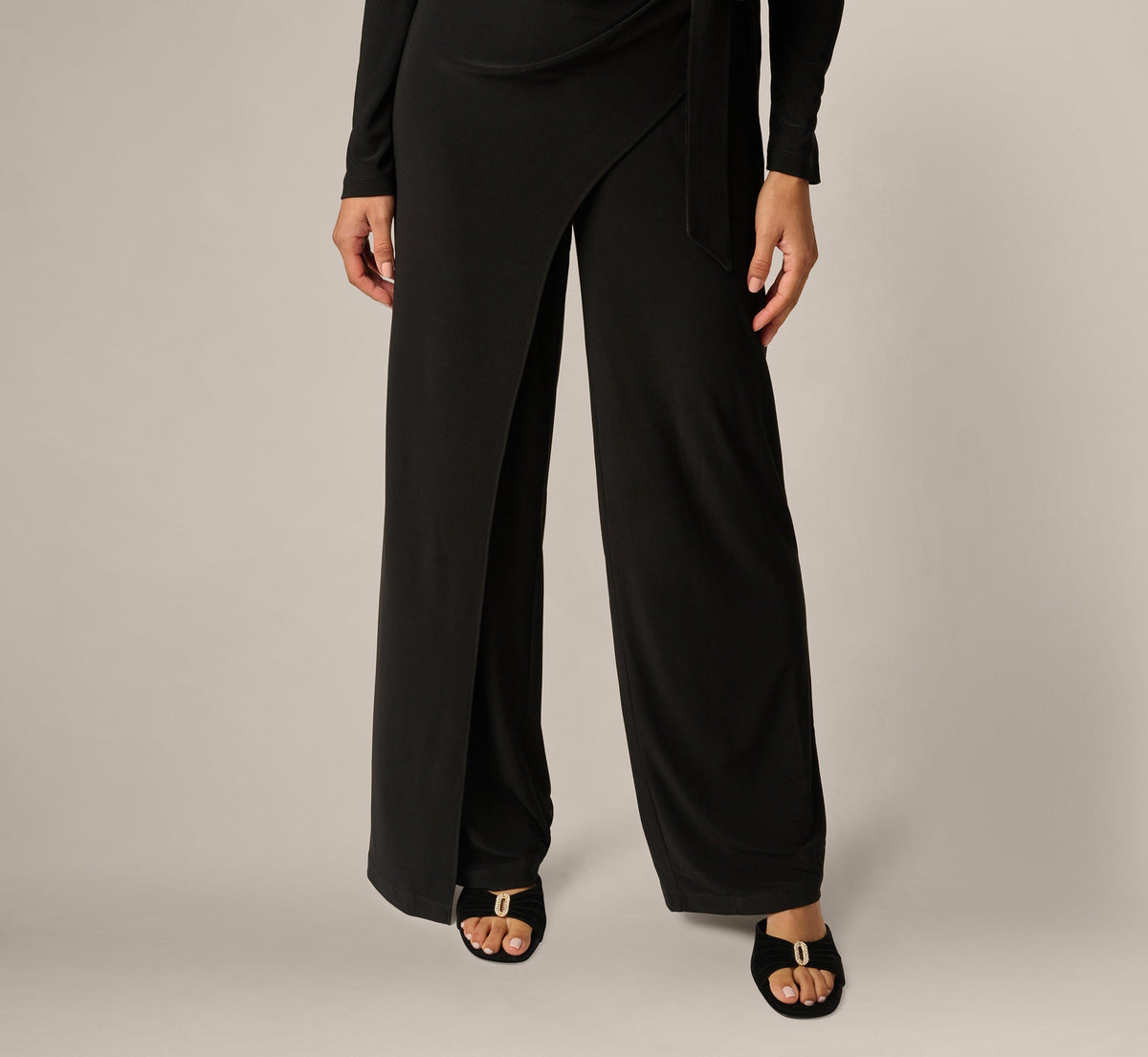 Petite Jersey Wide Leg Tuxedo Jumpsuit With Charmeuse Details - Black | Adrianna Papell
