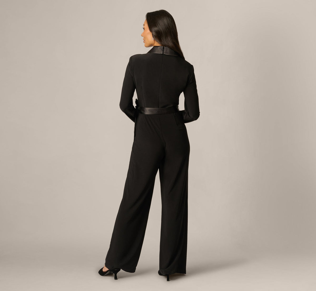 Petite Jersey Wide Leg Tuxedo Jumpsuit With Charmeuse Details - Black | Adrianna Papell