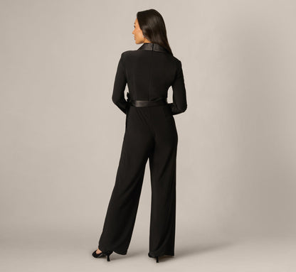 Petite Jersey Wide Leg Tuxedo Jumpsuit With Charmeuse Details - Black | Adrianna Papell