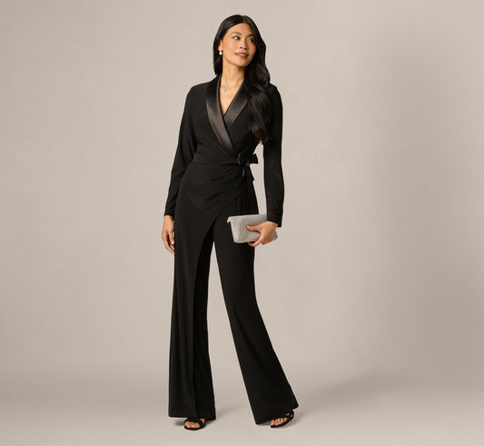 Jersey Wide Leg Tuxedo Jumpsuit With Charmeuse Details - Black | Adrianna Papell