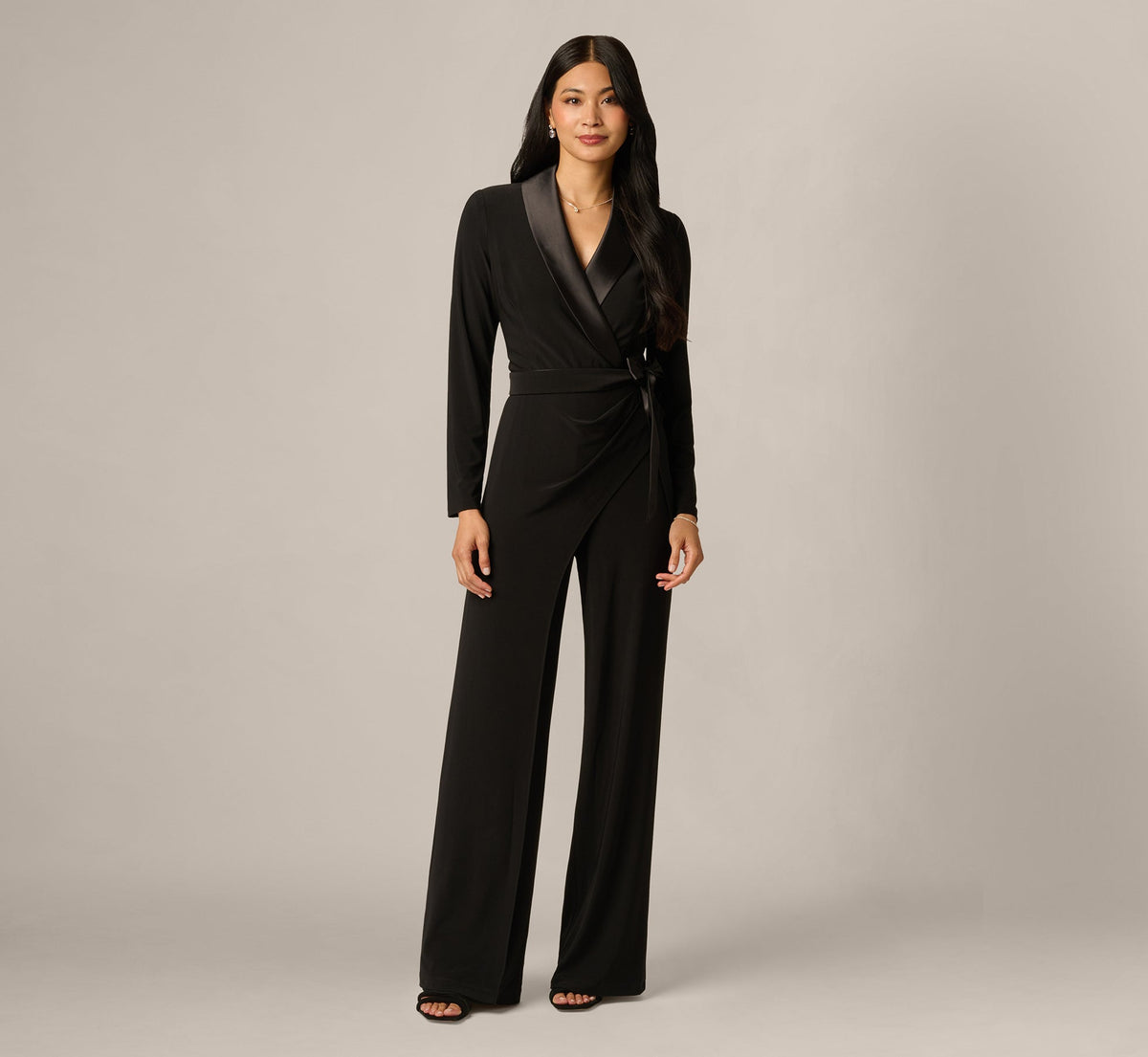Jersey Wide Leg Tuxedo Jumpsuit With Charmeuse Details - Black | Adrianna Papell