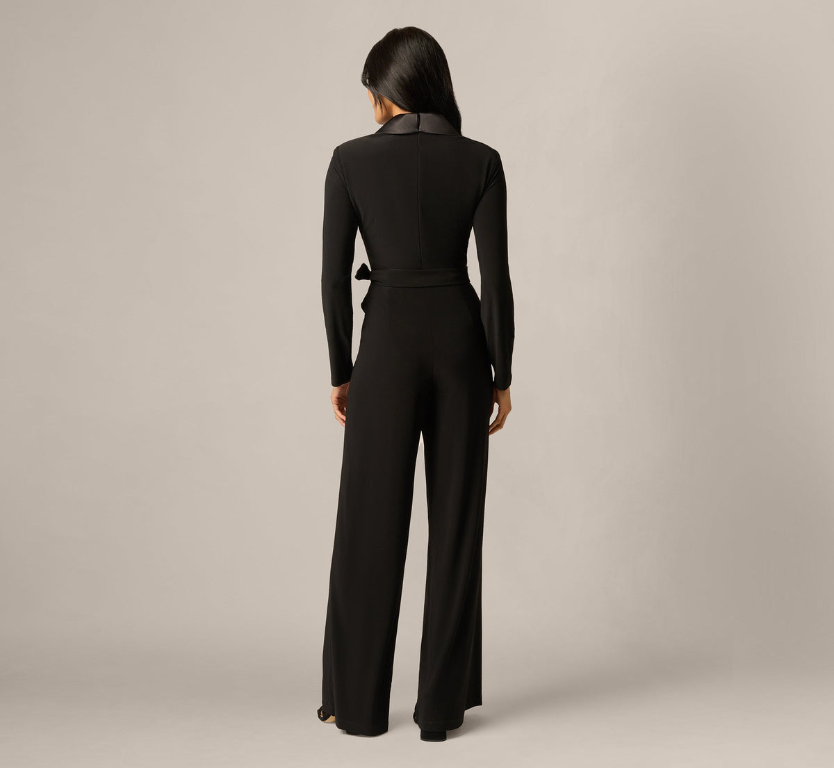 Jersey Wide Leg Tuxedo Jumpsuit With Charmeuse Details - Black | Adrianna Papell