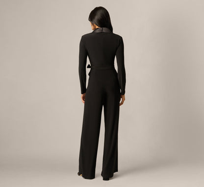 Jersey Wide Leg Tuxedo Jumpsuit With Charmeuse Details - Black | Adrianna Papell