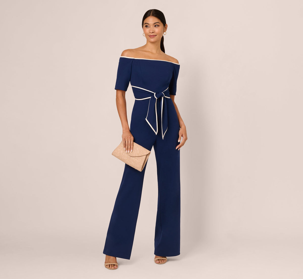 Knit Crepe Off-The-Shoulder Jumpsuit - Navy Sateen Ivory | Adrianna Papell