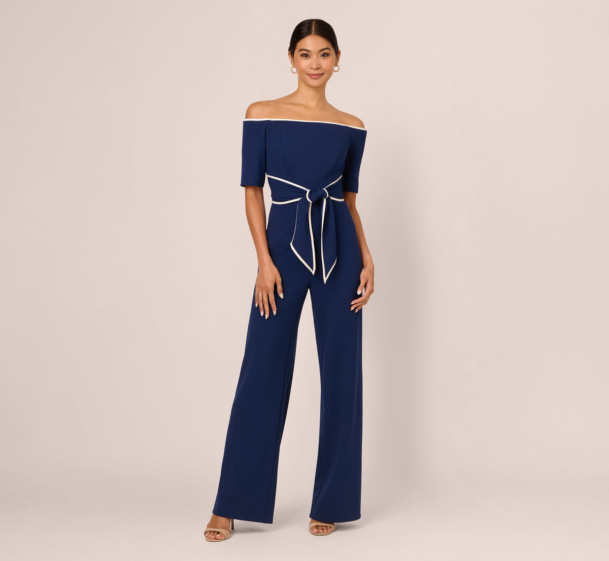 Knit Crepe Off-The-Shoulder Jumpsuit - Navy Sateen Ivory | Adrianna Papell