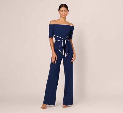 Knit Crepe Off-The-Shoulder Jumpsuit - Navy Sateen Ivory | Adrianna Papell