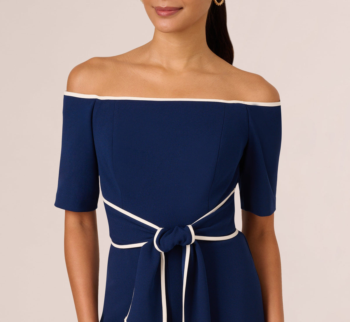 Knit Crepe Off-The-Shoulder Jumpsuit - Navy Sateen Ivory | Adrianna Papell