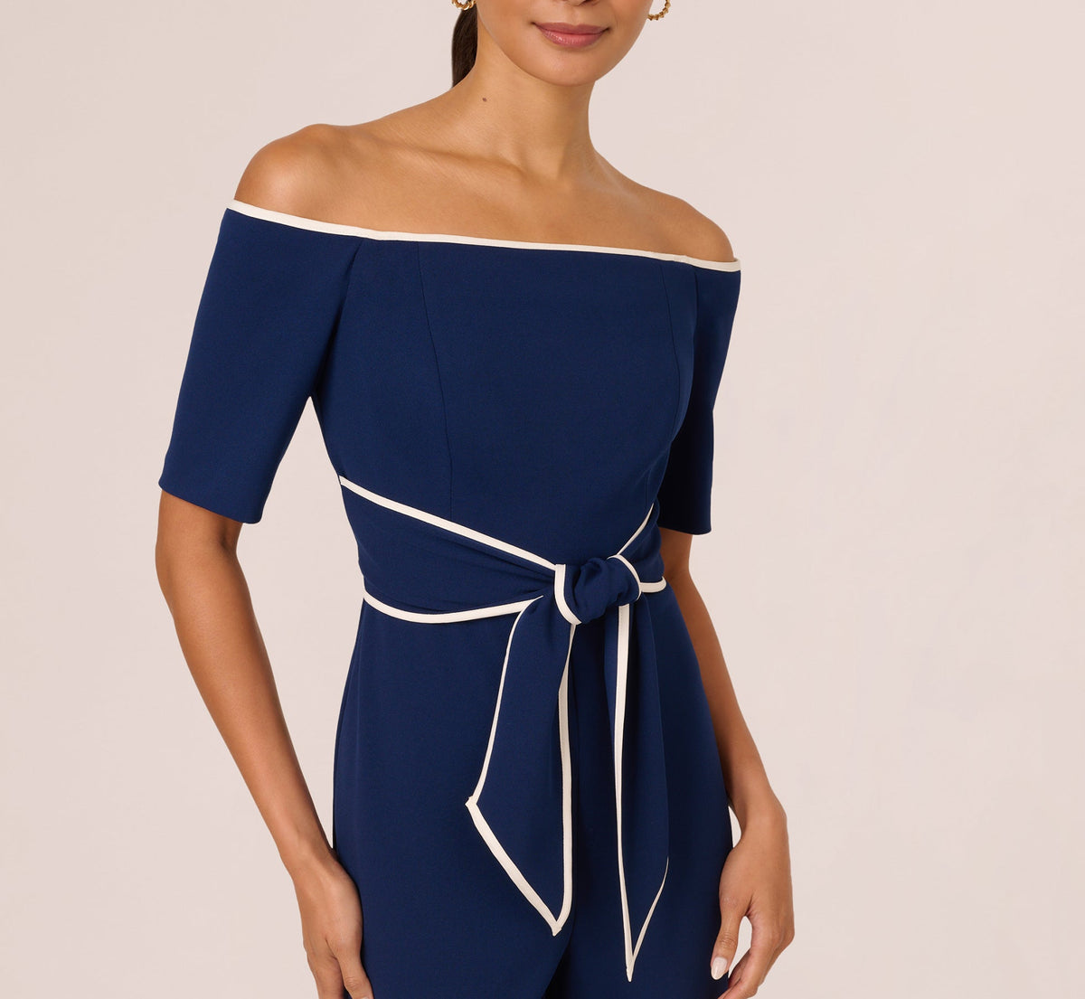 Knit Crepe Off-The-Shoulder Jumpsuit - Navy Sateen Ivory | Adrianna Papell