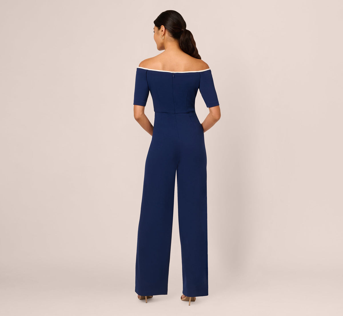 Knit Crepe Off-The-Shoulder Jumpsuit - Navy Sateen Ivory | Adrianna Papell