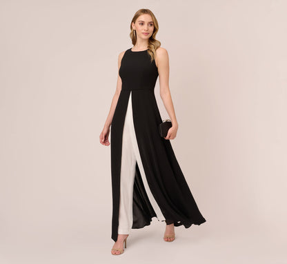 Colorblock Jumpsuit With Skirt Overlay - Black Ivory | Adrianna Papell
