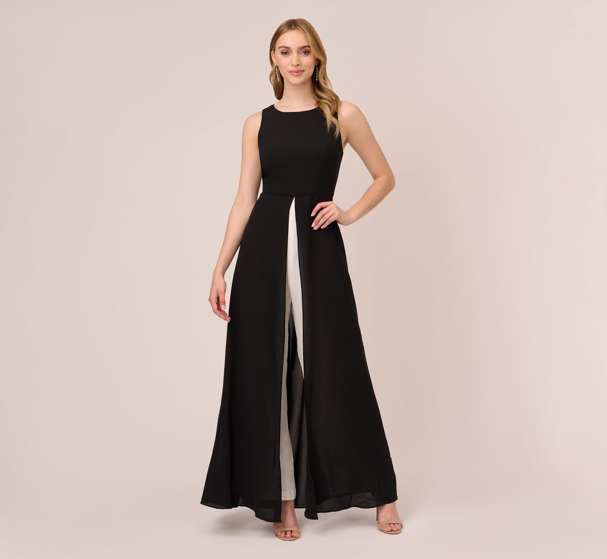Colorblock Jumpsuit With Skirt Overlay - Black Ivory | Adrianna Papell
