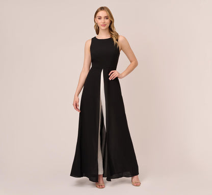 Colorblock Jumpsuit With Skirt Overlay - Black Ivory | Adrianna Papell