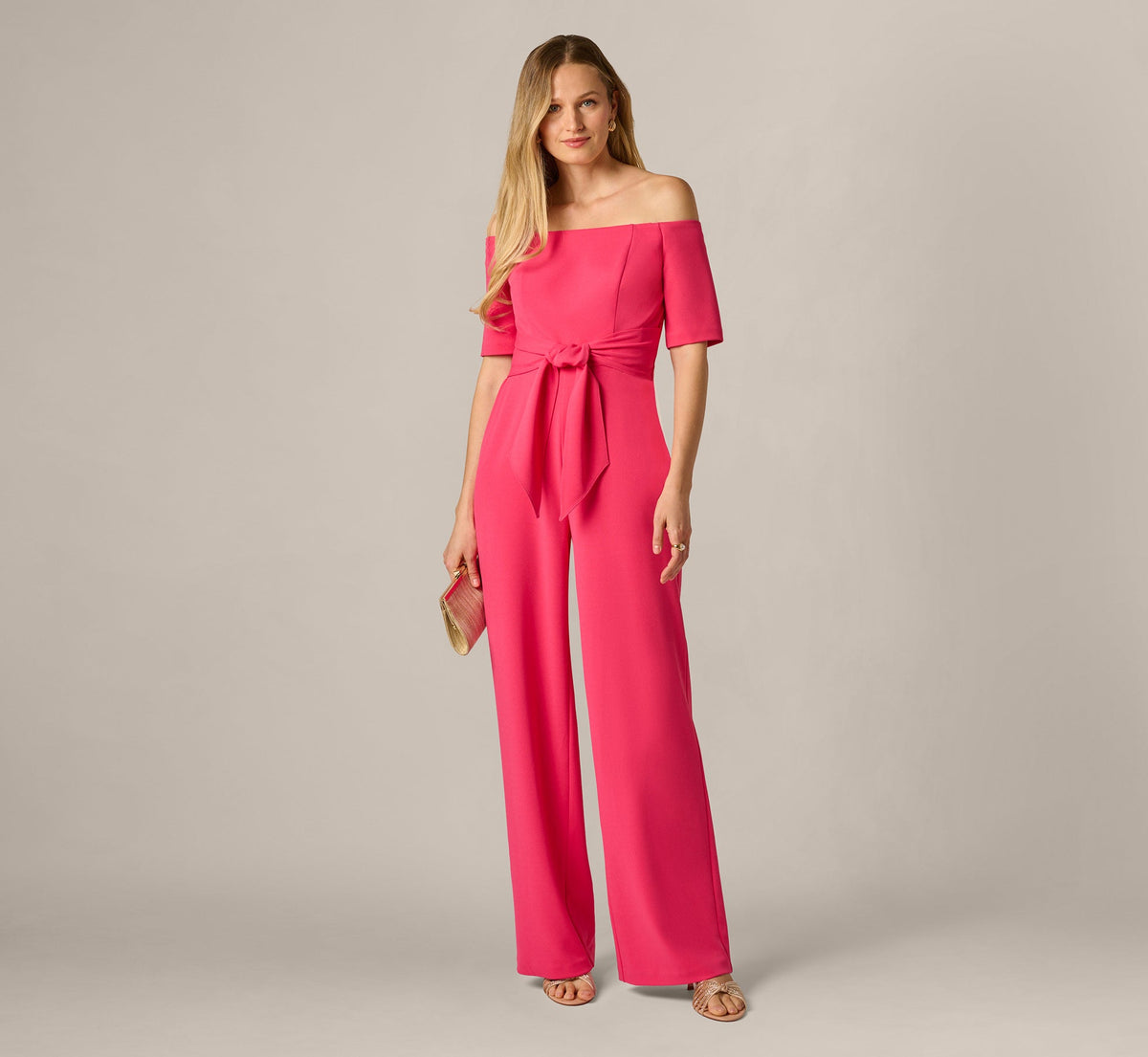 Off Shoulder Tie Front Stretch Jumpsuit - Camellia | Adrianna Papell