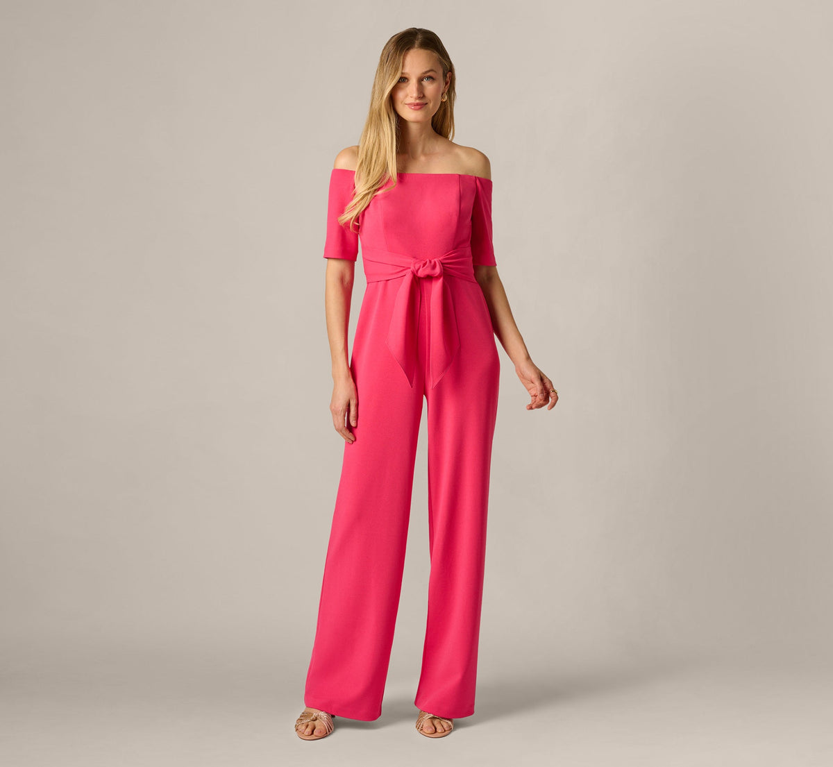 Off Shoulder Tie Front Stretch Jumpsuit - Camellia | Adrianna Papell