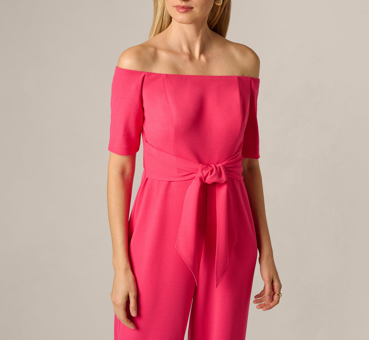 Off Shoulder Tie Front Stretch Jumpsuit - Camellia | Adrianna Papell
