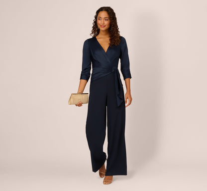 Satin Crepe Three Quarter Sleeve Jumpsuit With Buckle Waist - Dark Navy | Adrianna Papell