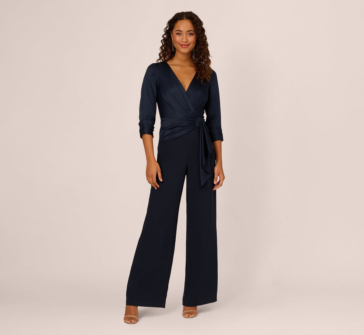 Satin Crepe Three Quarter Sleeve Jumpsuit With Buckle Waist - Dark Navy | Adrianna Papell