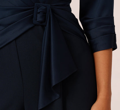 Satin Crepe Three Quarter Sleeve Jumpsuit With Buckle Waist - Dark Navy | Adrianna Papell