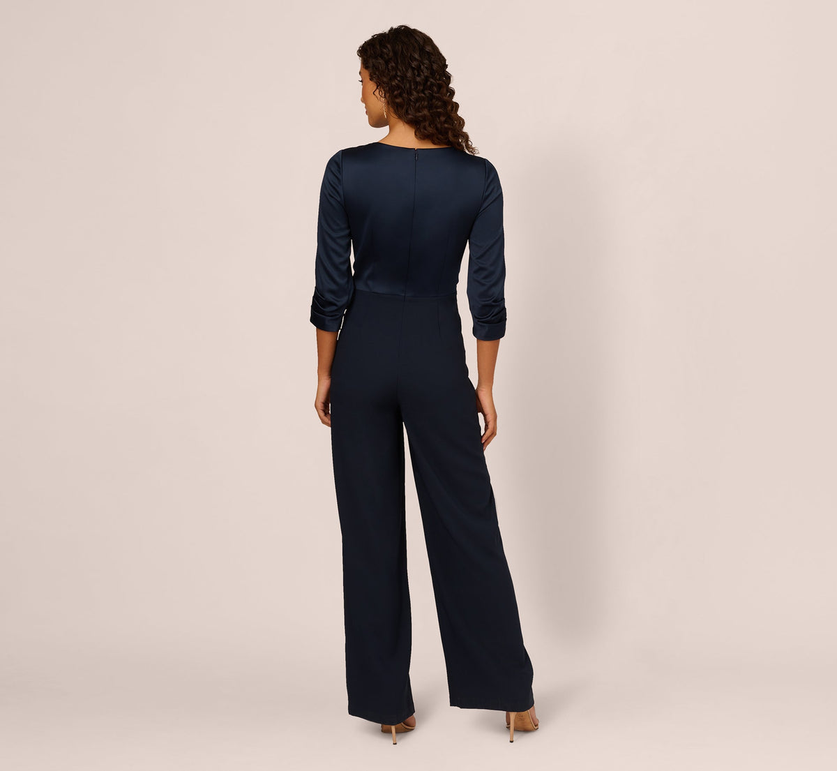 Satin Crepe Three Quarter Sleeve Jumpsuit With Buckle Waist - Dark Navy | Adrianna Papell