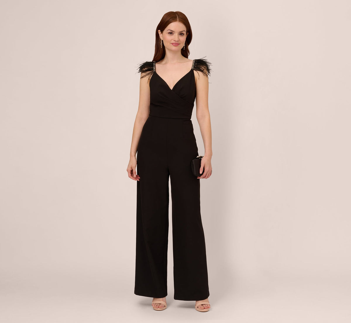 Crepe Wide Leg Jumpsuit With Bead And Feather Accents - Black | Adrianna Papell