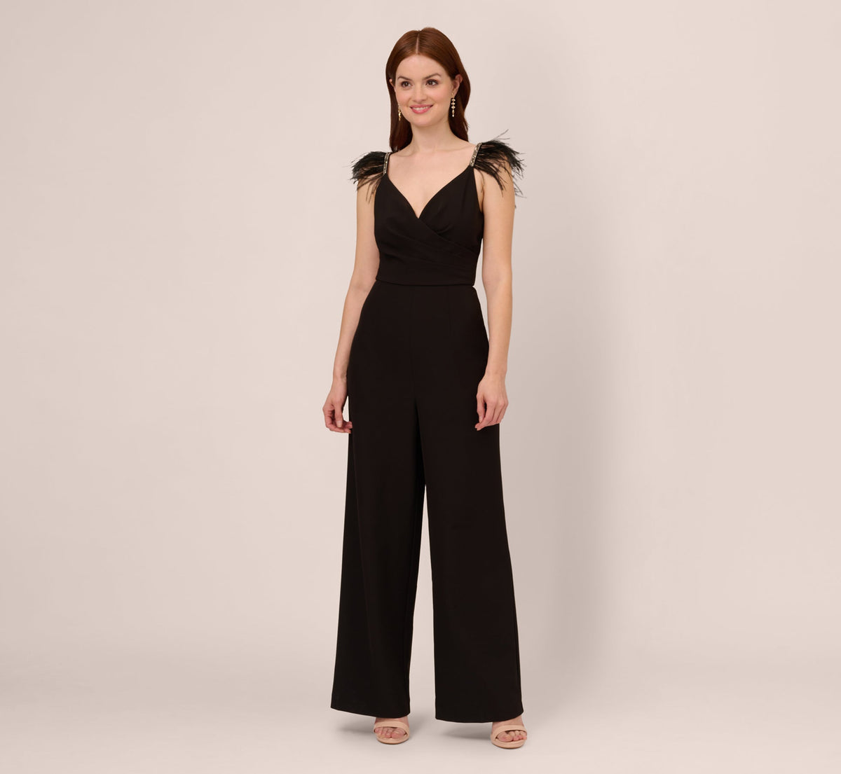 Crepe Wide Leg Jumpsuit With Bead And Feather Accents - Black | Adrianna Papell