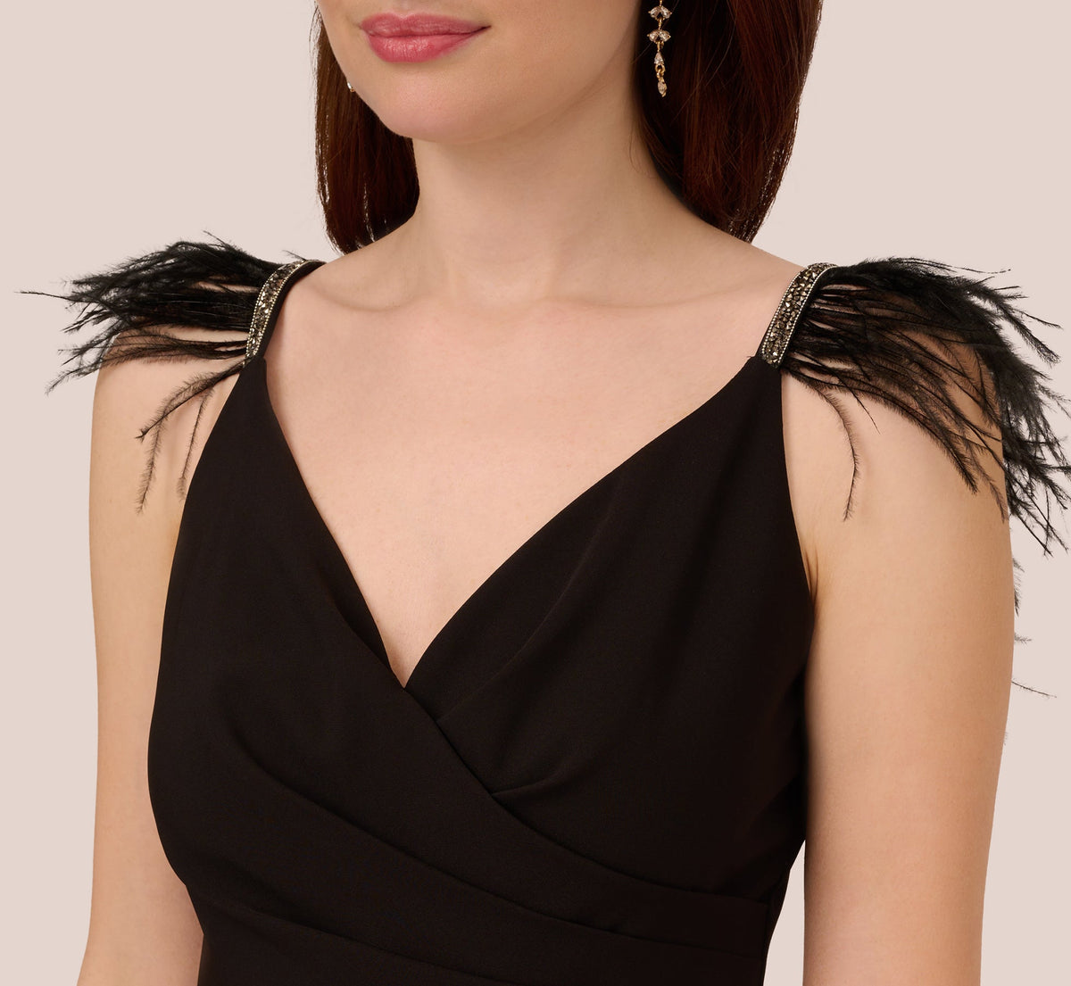 Crepe Wide Leg Jumpsuit With Bead And Feather Accents - Black | Adrianna Papell