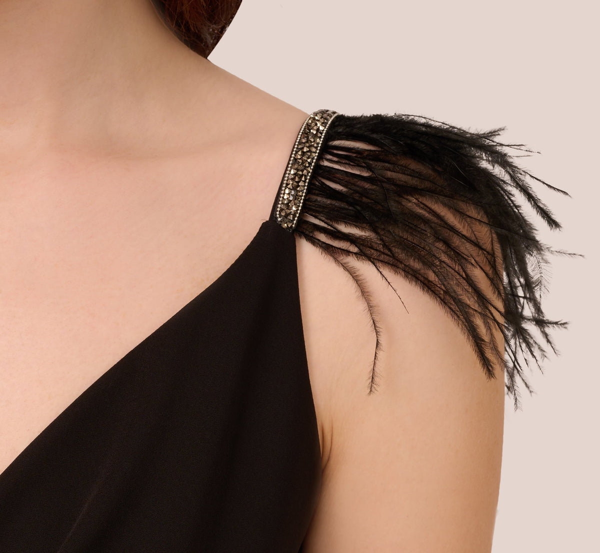 Crepe Wide Leg Jumpsuit With Bead And Feather Accents - Black | Adrianna Papell