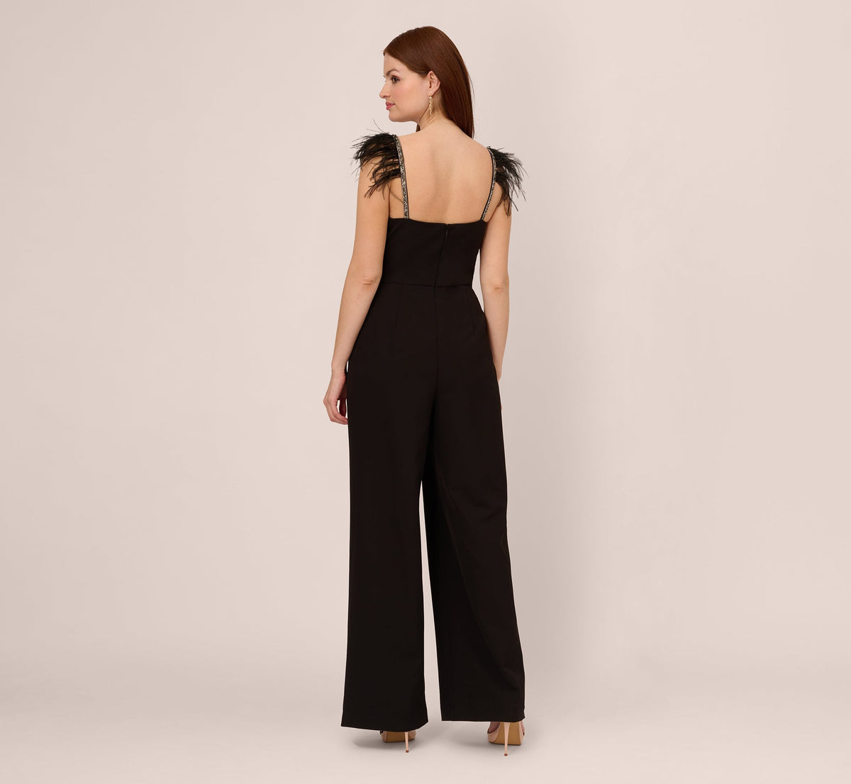 Crepe Wide Leg Jumpsuit With Bead And Feather Accents - Black | Adrianna Papell