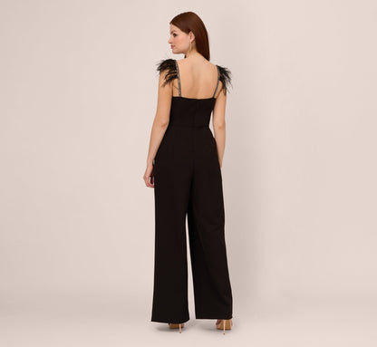 Crepe Wide Leg Jumpsuit With Bead And Feather Accents - Black | Adrianna Papell