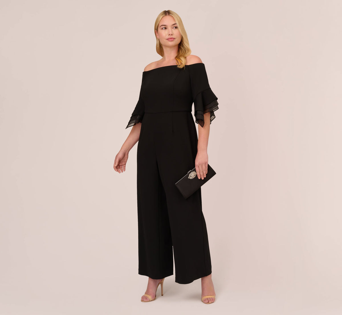 Plus Size Off The Shoulder Crepe Jumpsuit With Organza Sleeves - Black | Adrianna Papell