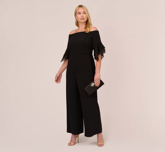 Plus Size Off The Shoulder Crepe Jumpsuit With Organza Sleeves - Black | Adrianna Papell