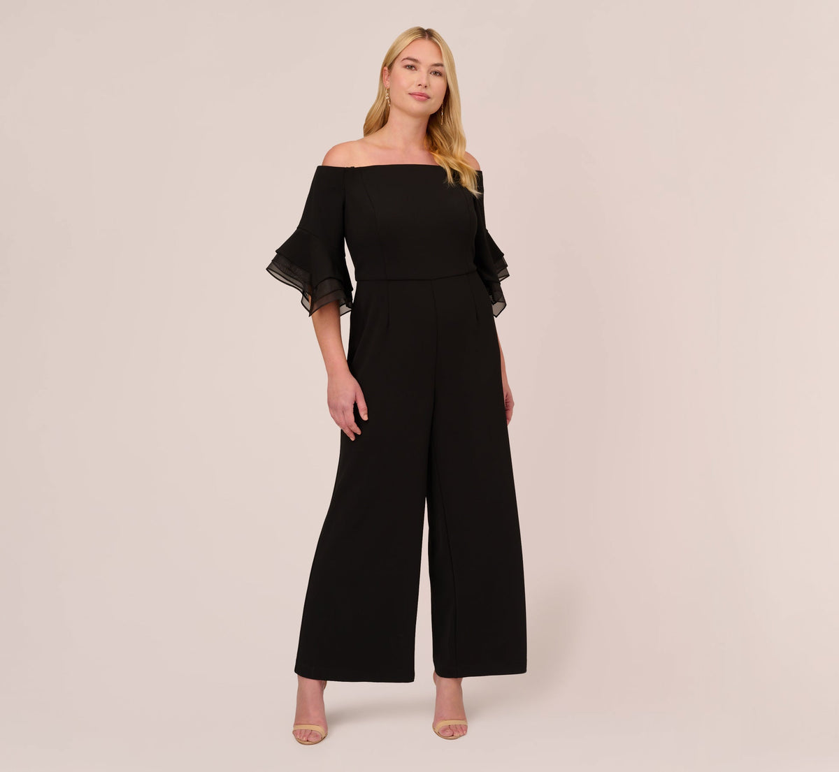 Plus Size Off The Shoulder Crepe Jumpsuit With Organza Sleeves - Black | Adrianna Papell