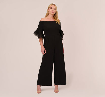 Plus Size Off The Shoulder Crepe Jumpsuit With Organza Sleeves - Black | Adrianna Papell