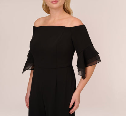 Plus Size Off The Shoulder Crepe Jumpsuit With Organza Sleeves - Black | Adrianna Papell