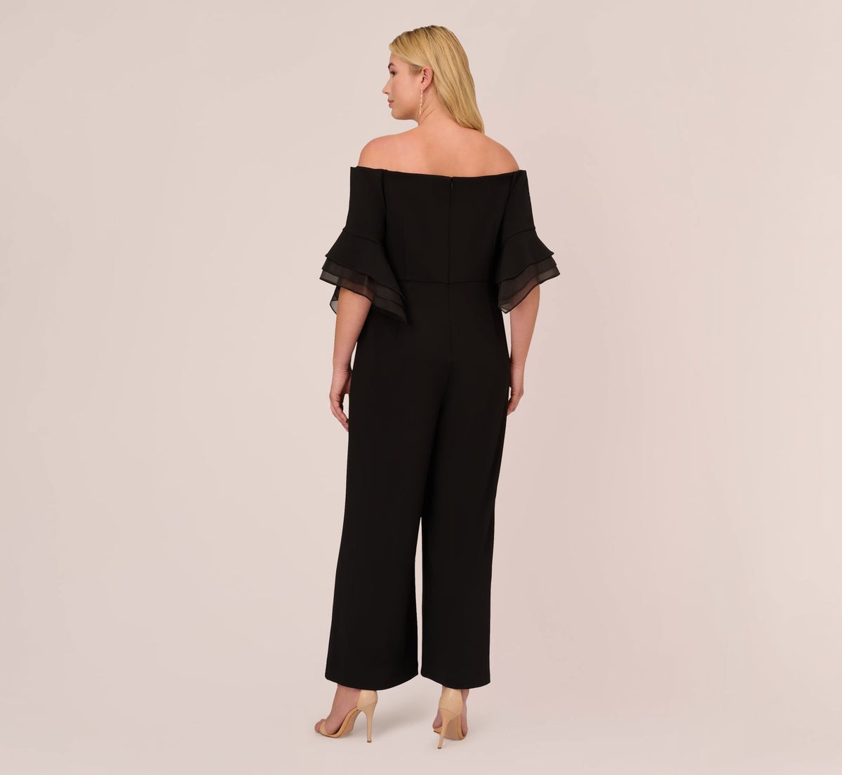 Plus Size Off The Shoulder Crepe Jumpsuit With Organza Sleeves - Black | Adrianna Papell