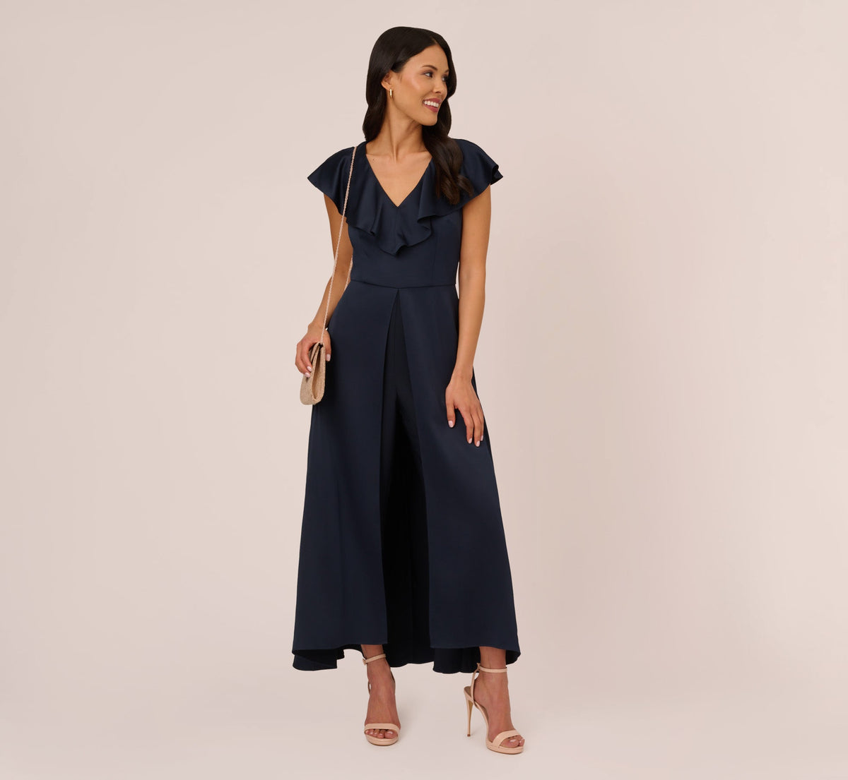 Satin Crepe Ruffled Cropped Jumpsuit - Dark Navy | Adrianna Papell
