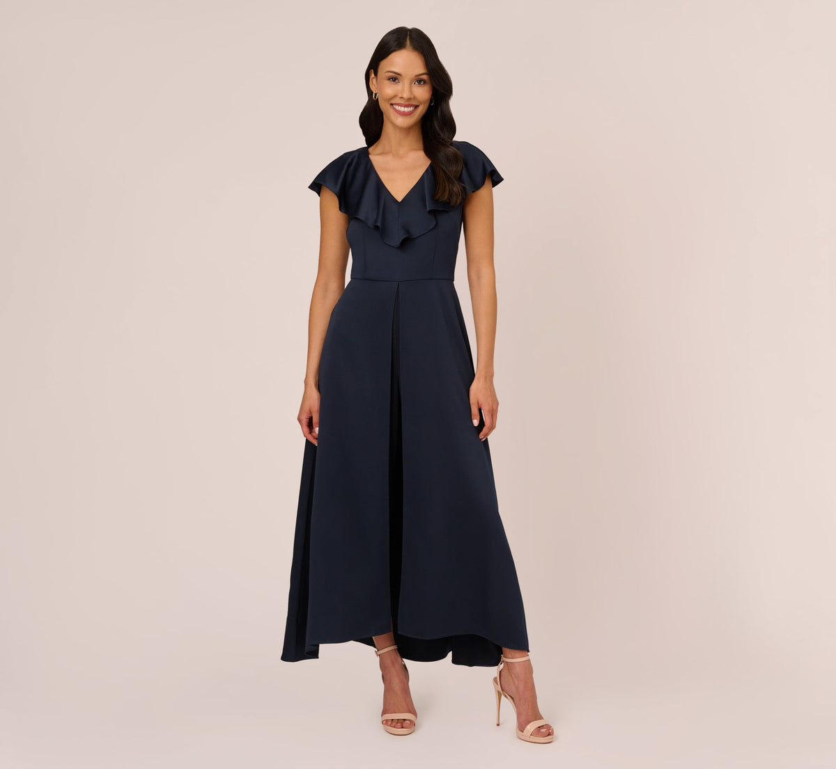 Satin Crepe Ruffled Cropped Jumpsuit - Dark Navy | Adrianna Papell