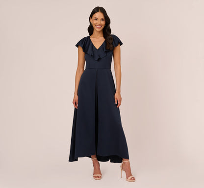 Satin Crepe Ruffled Cropped Jumpsuit - Dark Navy | Adrianna Papell