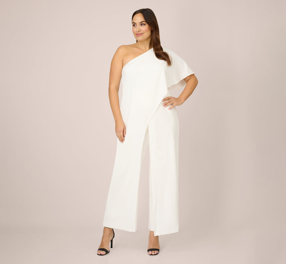 Plus Size Flutter One Shoulder Jumpsuit - Ivory | Adrianna Papell