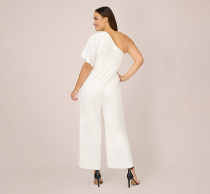 Plus Size Flutter One Shoulder Jumpsuit - Ivory | Adrianna Papell