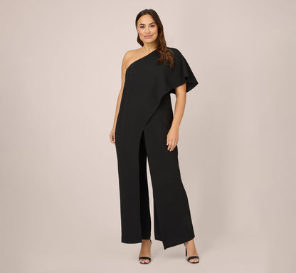 Plus Size Flutter One Shoulder Jumpsuit - Black | Adrianna Papell